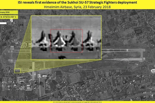 Hai chiếc tiêm kích tàng hình thế hệ 5 Su-57 trên căn cứ không quân Khmeimim, Latakia, Syria