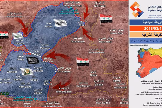 Các mũi tiến công của quân đội Syria trên chiến trường Đông Ghouta - ảnh Syrian Digital Media