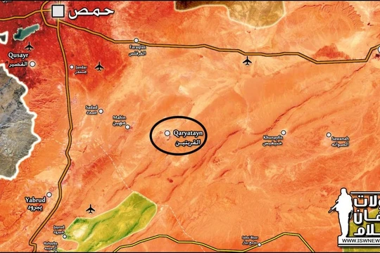 Thị trấn Al-Qaryatayn nằm sâu trong vùng sa mạc tỉnh Homs - bản đồ trang Muraselon