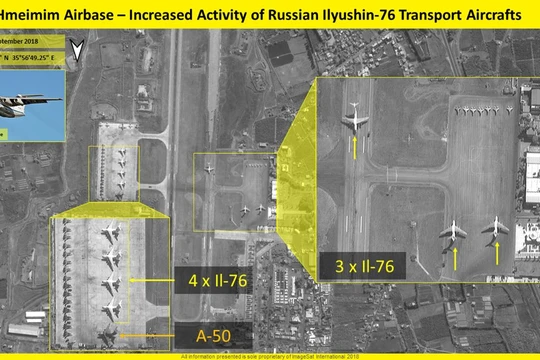 Bức ảnh vệ tinh ISI ghi lại cảnh các máy bay quân sự Nga trên căn cứ Hmeimim,Latakia
