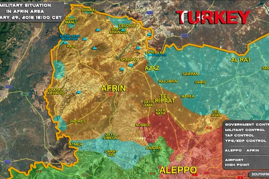 Tình hình chiến sự khu vực Afrin, vùng xanh là khu vực đã bị lực lượng Hồi giáo cực đoan FSA tấn chiếm - ảnh Soth Front
