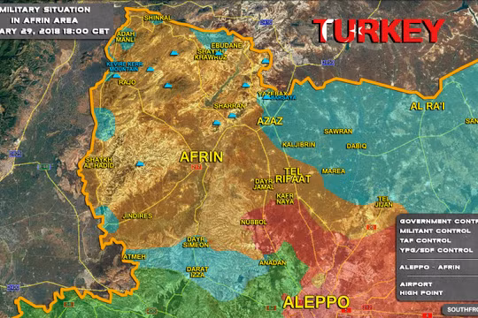 Tình hình chiến sự khu vực Afrin, vùng xanh là khu vực đã bị lực lượng Hồi giáo cực đoan FSA tấn chiếm - ảnh Soth Front