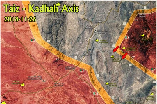 Cuộc chiến gần thành phố cảng biển al-Hudaydah trên bờ biển phía tây Yemen. Liên minh vùng Vịnh chiếm núi Rahnaj. Ảnh bản đồ Masdar News