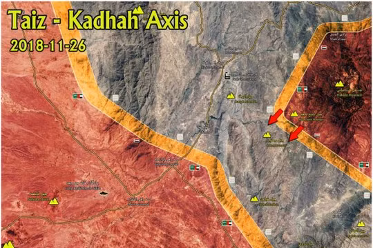 Cuộc chiến gần thành phố cảng biển al-Hudaydah trên bờ biển phía tây Yemen. Liên minh vùng Vịnh chiếm núi Rahnaj. Ảnh bản đồ Masdar News