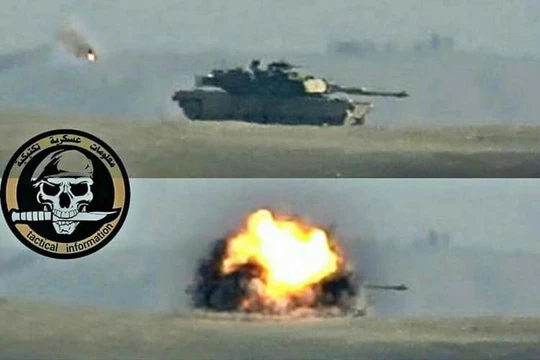 M1A1 Abrams của quân đội Iraq sau khi bị tên lửa chống tăng TOW do IS sử dụng bắn trúng. Ảnh: Ivan O'Gilvi.