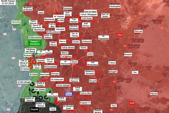 Các mũi tiến công của quân đội Syria và IS trên chiến trường tỉnh Al-Quneitra. Ảnh South Front