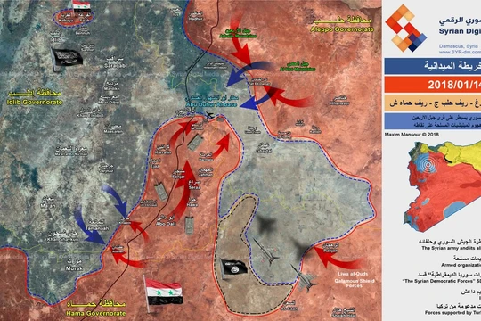 Chiến tuyến khu vực Hama, Aleppo, Idlib tính đến ngày 14.01.2018, quân tình nguyện Syria tiến công IS - ảnh truyền thông Syrian Digital Media