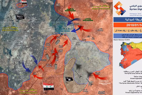 Chiến tuyến khu vực Hama, Aleppo, Idlib tính đến ngày 14.01.2018, quân tình nguyện Syria tiến công IS - ảnh truyền thông Syrian Digital Media