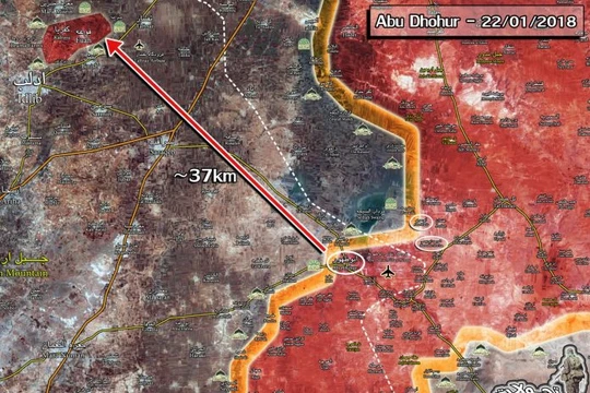 Chiến trường khu vực tỉnh Idlib - Aleppo, cách các thị trấn bị bao vây 37 km. Ảnh Masdar News