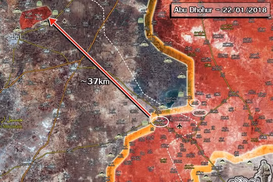 Chiến trường khu vực tỉnh Idlib - Aleppo, cách các thị trấn bị bao vây 37 km. Ảnh Masdar News