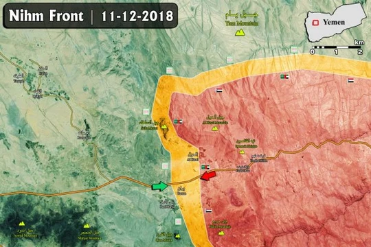 Cuộc tấn công của liên minh quân sự do Ả rập Xê-út dẫn đầu đánh vào quận Nihm trên bờ biển phía tây Yemen. Bản đồ: Masdar News.