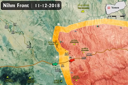 Cuộc tấn công của liên minh quân sự do Ả rập Xê-út dẫn đầu đánh vào quận Nihm trên bờ biển phía tây Yemen. Bản đồ: Masdar News.
