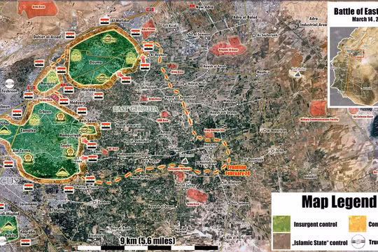 Các mũi tiến công của quân đội Syria trên chiến trường Đông Ghouta. Ảnh Masdar News