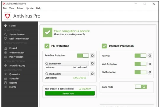 Giao diện phần mềm chống virus Avira