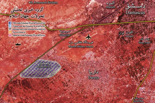 Bản đồ tình huống thị trấn Moadamiyeh và thành phố vệ tinh Darayya