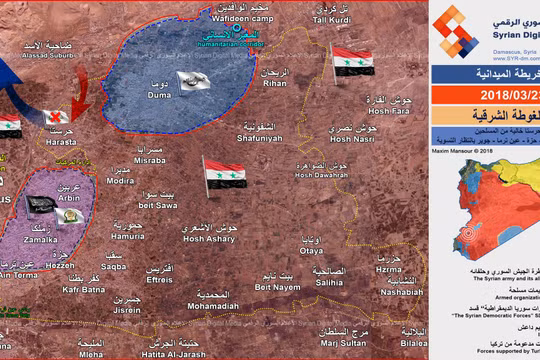 Bản đồ tình hình chiến sự Đông Ghouta tính đến ngày 23.03.2018