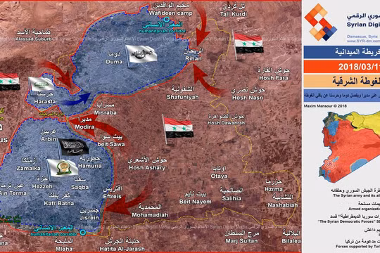 Các mũi tiến công của quân đội Syria ngày 11.03.2018, bao vây chia cắt Đông Ghouta. ảnh Syrian Digital Media
