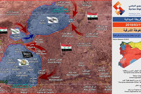 Các mũi tiến công của quân đội Syria ngày 11.03.2018, bao vây chia cắt Đông Ghouta. ảnh Syrian Digital Media