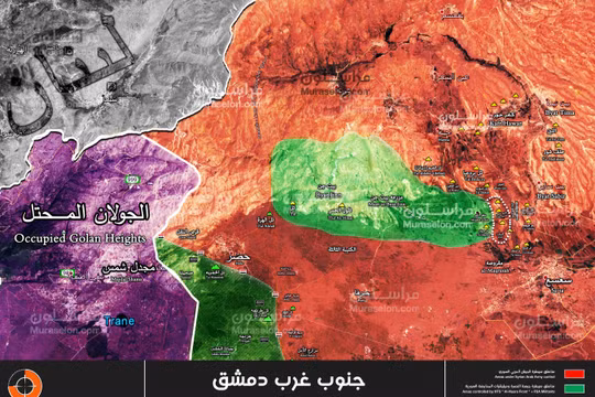 Bản đồ tình hình chiến sự vùng Beit Jinn, cao nguyên Golan, quân đội Syria bao vây thị trấn Mughr al-Mir từ 3 phía - ảnh Muraselon