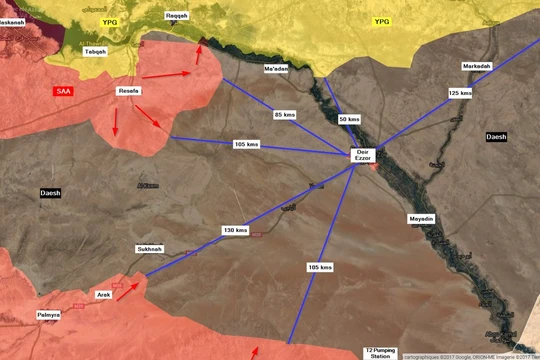 Các hướng tấn công IS và khoảng cách về thành phố Deir Ezzor trên chiến trường sa mạc phía đông tỉnh Homs