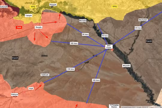Các hướng tấn công IS và khoảng cách về thành phố Deir Ezzor trên chiến trường sa mạc phía đông tỉnh Homs