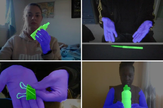 Trong mỗi video của bộ dữ liệu tùy chỉnh HuTics, bàn tay của người dùng được hiển thị bằng màu xanh lam và đối tượng có màu xanh lá cây, được sử dụng để đào tạo mô hình Máy học. Ảnh © 2022 Yatani và Zhou