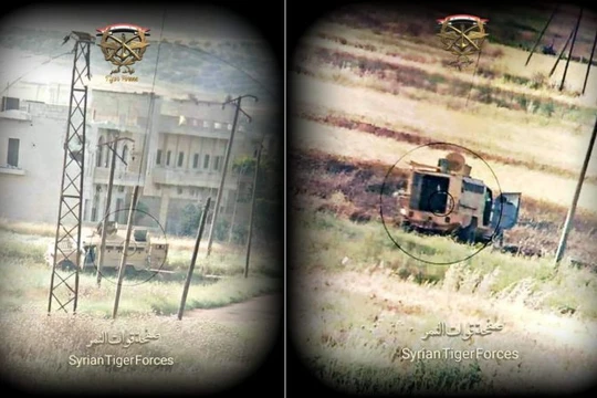 Xe thiết giáp Thổ Nhĩ Kỳ bị phá hủy trên chiến trường Hama. Ảnh truyền thông sư đoàn Tiger.