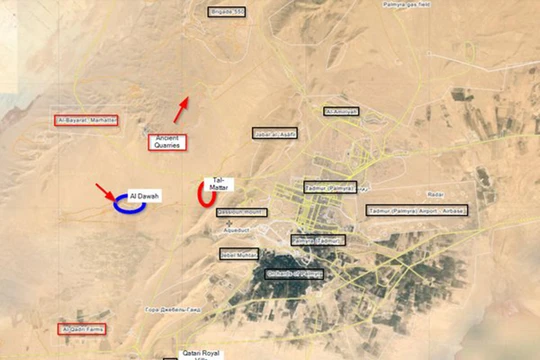 Bản đồ Palmyra trên sa mạc tỉnh Homs, quân đội Syria đánh chiếm Al-Matar