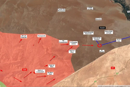 Các mũi tiến công của quân đội Syria trên hướng trạm bơm nước T2 - Al-Bukamal. Ảnh South Front
