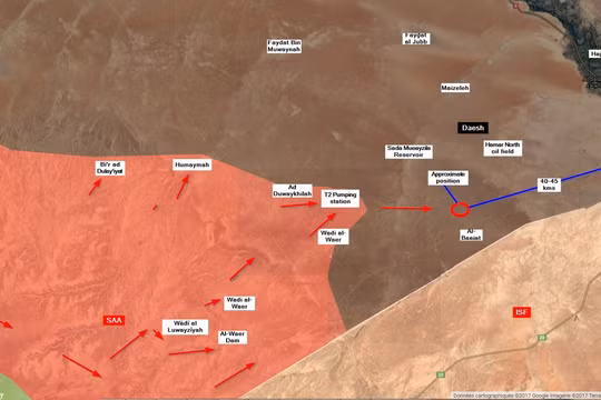 Các mũi tiến công của quân đội Syria trên hướng trạm bơm nước T2 - Al-Bukamal. Ảnh South Front