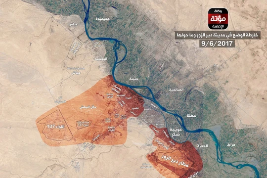 Bản đồ chiến sự thành phố Deir Ezzor do truyền thông ủng hộ IS cung cấp, diện tích phòng ngự của quân đội Syria đã thu hẹp rất nhiều