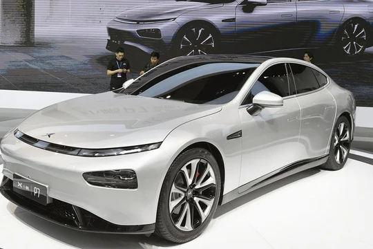 Xe điện Xpeng P7 được trưng bày tại Auto Shanghai 2019. / VCG