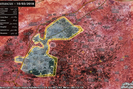 Bản đồ chiến sự khu vực Đông Ghouta, quân đội Syria giải phóng Misraba, chia cắt thành 2 vùng chiến tuyến - ảnh South Front