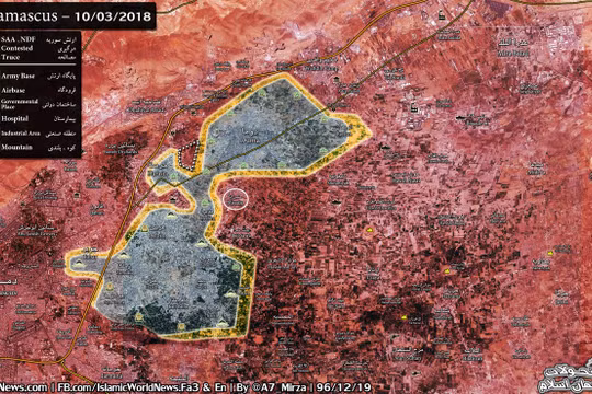 Bản đồ chiến sự khu vực Đông Ghouta, quân đội Syria giải phóng Misraba, chia cắt thành 2 vùng chiến tuyến - ảnh South Front