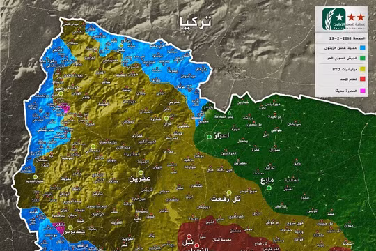 Bản đồ Afrin tính đến ngày 23.02.2018 - ảnh mịnh họa truyền thông "đối lập" Syria