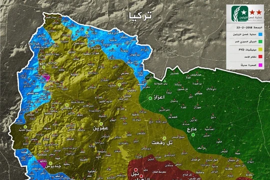 Bản đồ Afrin tính đến ngày 23.02.2018 - ảnh mịnh họa truyền thông "đối lập" Syria