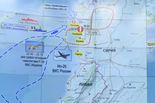 Bản đồ tình huống không kích của tốp máy bay Israel. Ảnh Bộ Quốc phòng Nga.