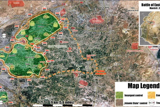 Bản đồ tình hình chiến sự Đông Ghouta ngày 08.03.2018 theo Al-Massdar News