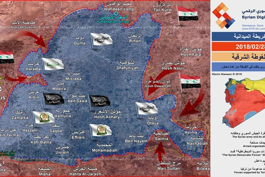 Phân bổ lực lượng và các mũi tiến công của quân đội Syria trên chiến trường Đông Ghouta - ảnh Syrian Digital Media