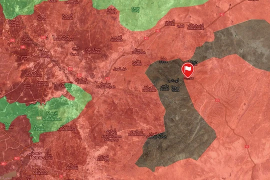 Bản đồ chiến sự khu vực vòng vây thị trấn Uqayribat trên vùng bán sa mạc miền đông Hama. Vị trí cờ là thị trấn Uqayribat - bản đồ Masdar News. 