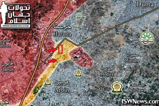 Bản đồ chiến sự khu vực căn cứ thiết giáp ở quận Harasta - Đông Ghouta