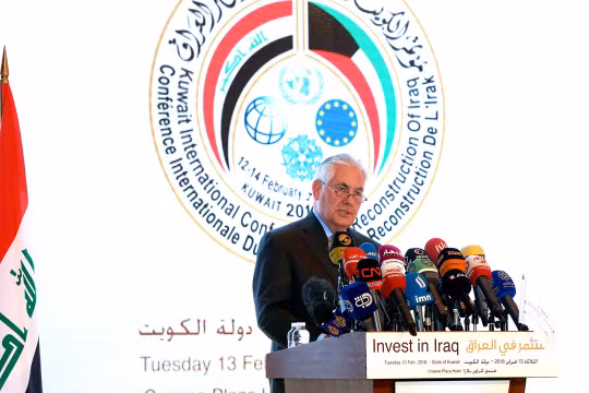 Ngoại trưởng Mỹ Mỹ Rex Tillerson, kêu gọi đầu tư vào tái thiết Iraq trong cuộc họp Bộ trưởng liên minh toàn cầu chống khủng bố ở thành phố Kuwait - ảnh Reuters