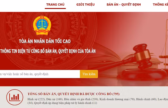 Trang chủ của trang điện tử công bố bản án