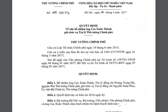 Quyết định bổ nhiệm của Thủ tướng