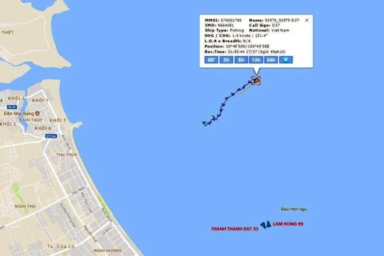 Vị trí tàu VTB 26 chìm theo ảnh chụp từ Hệ thống Tự động nhận dạng AIS - Hệ thống Thông tin Duyên hải Việt Nam 