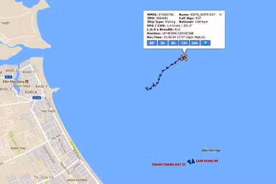 Vị trí tàu VTB 26 chìm theo ảnh chụp từ Hệ thống Tự động nhận dạng AIS - Hệ thống Thông tin Duyên hải Việt Nam 