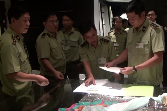 Cán bộ Quản lý thị trường đang tiến hành đối chiếu hóa đơn chứng từ.