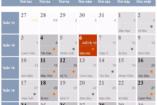 Giỗ tổ Hùng Vương (10/3 Âm lịch) năm nay rơi vào thứ năm (ngày 6/4)