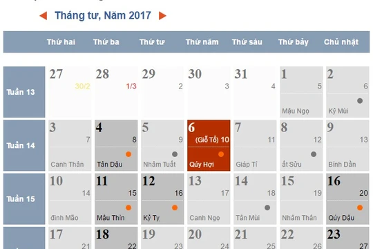 Lịch tháng 4/2017