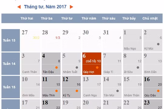 Lịch tháng 4/2017